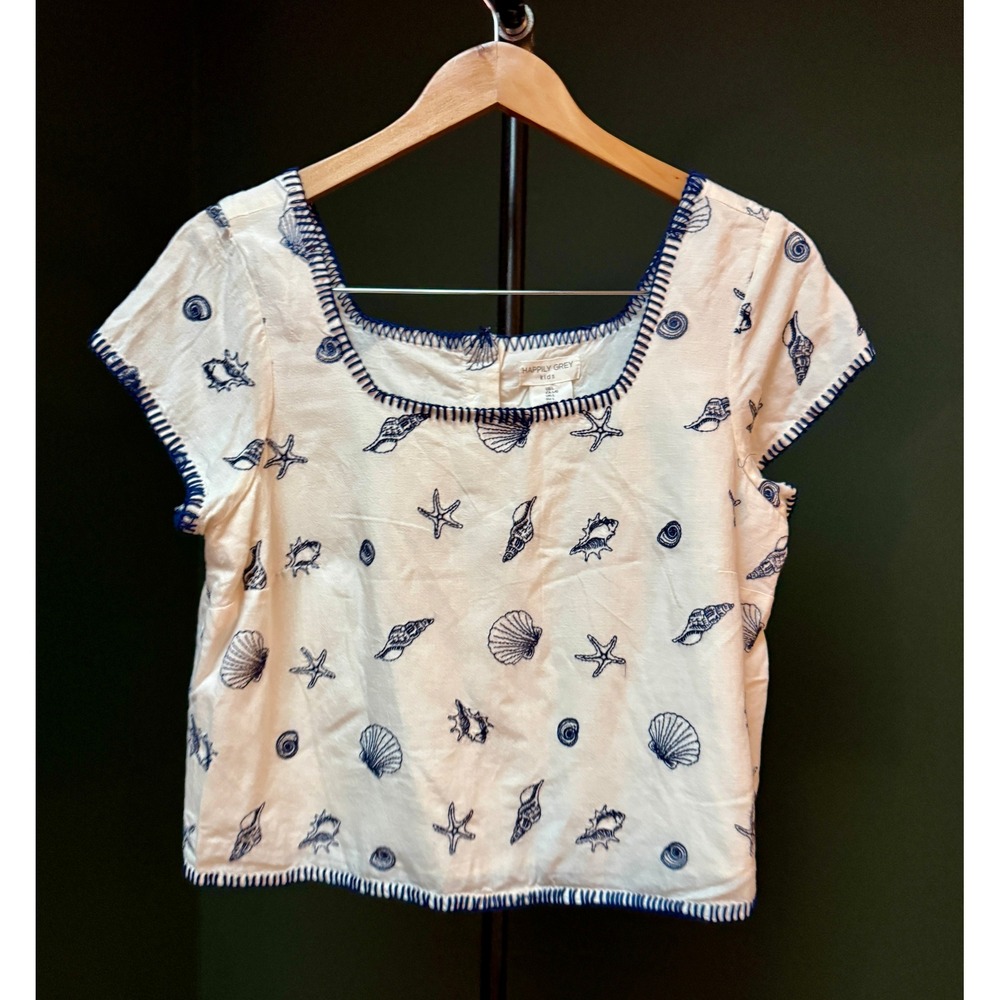 Happily Grey Kids White Nautical Shell Starfish Embroidered Top Girls Size L‎